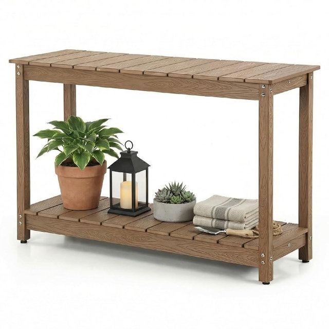 LAHAAP Outdoor Console Table, 48" Weather Resistant HIPS Patio Side Table, 440LBS Weight Capacity, 2-Tier Multifunctional Buffet Bar Storage Organizer for Garden Deck, Teak