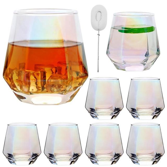 Diamond Wine Glasses Set of 8,Iridescent Stemless Red Wine Glass Cup,Geometric 10 OZ Christmas Wine Glassware White Wine Party Glass Tumblers for Bourbon,Whiskey,Wedding.