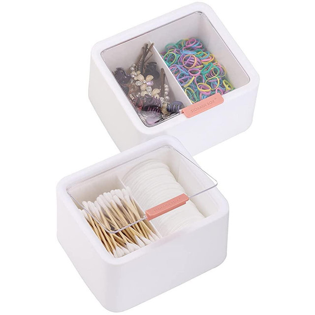 Tecbeauty 2pcs Qtips Holder Bathroom Storage Vanity Organizer Cotton Balls Swabs Dispenser Apothecary Jars with Lids, White, Dividers 2 Grids
