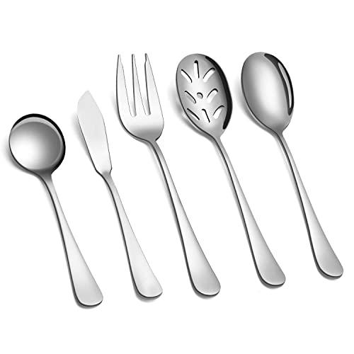 SHARECOOK 5-Piece 18/0 Stainless Steel Serving Set,Large Hostess Set with Round Edge,Mirror Finished,Dishwasher Safe -Spoons, Forks,Butter Knife& Slotted Spoon(Serving set, Silver)