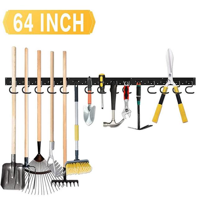 64 Inch Garage Hooks Tool Organizer Wall Mounted, Adjustable Storage System Wall Organizer for Garden Tools, Heavy Duty Tool Hanger for Rake, Mop,Broom and Yard Tools