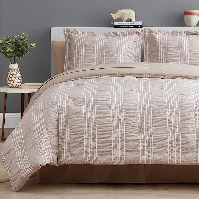 Bedsure King Comforter Set 8 Piece Bed in A Bag Stripes Seersucker Soft Lightweight Down Alternative Khaki Bedding Set 102x90 inch