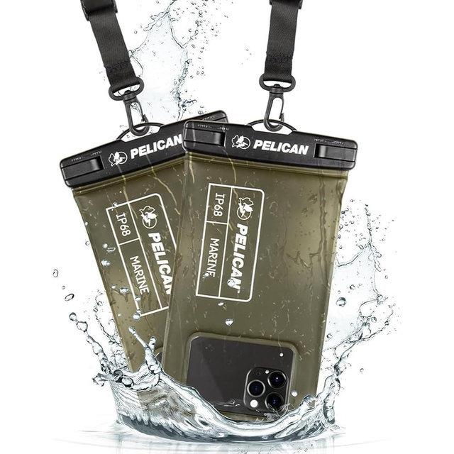 Pelican 2 Pack Marine - IP68 Waterproof Phone Pouch (Regular Size) Floating Waterproof Phone Case - Beach Cruise Ship Travel Essentials - Works with All Phones - Detachable Lanyard - OD Green