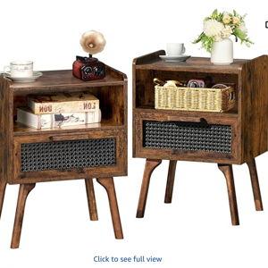 Lerliuo Rattan Nightstands Set of 2, Boho Side Table with Drawer Open Shelf, Cane Accent Bedside End Table with Solid Wood Legs for Bedroom, Dorm and Small Spaces (Brown)