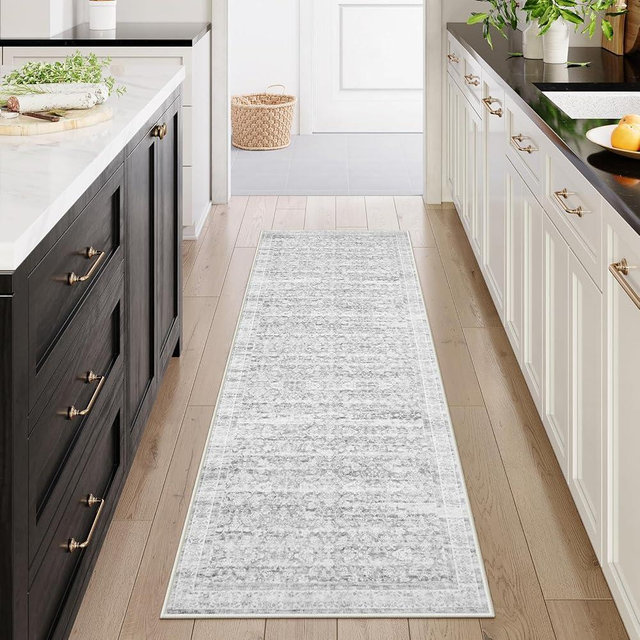 Yuemasi Vintage Floral Washable Kitchen Runner Rug 2x6, Ultra Thin Non Slip Grey Runner Rug for Hallway 2x6, Boho Low Pile Entryway Runner for Kitchen Bathroom Laundry Room, Grey