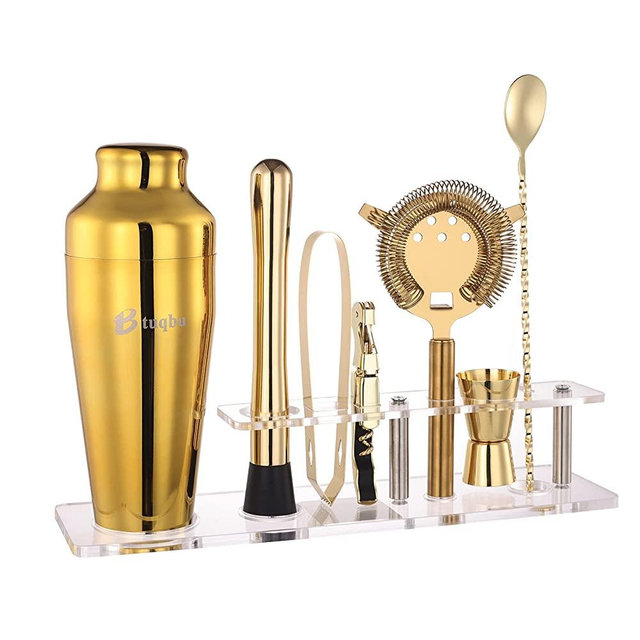 Btuqbu Cocktail Shaker Set with Arcylic Stand, Mixology Bartender Kit for Drink Mixing | Mixology Set with 7 Bar Set Tools Cocktail Kit (Gold)