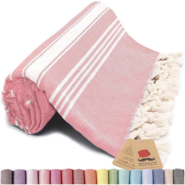 Bazaar Anatolia Turkish Beach Towel – 100% Cotton, Quick Dry, Sand Free Towel for Bathroom, Camping, Travel, Peach – Oversized 71x39 Inches – Stripe Coral