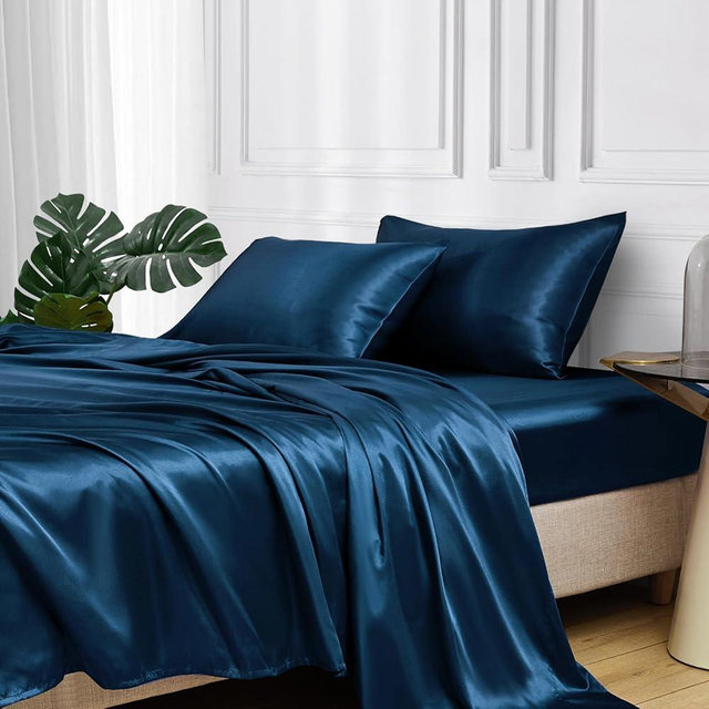 MR&HM Satin Bed Sheets, King Size Sheets Set, 4 Pcs Silky Bedding Set with 15 Inches Deep Pocket for Mattress (King, Teal)