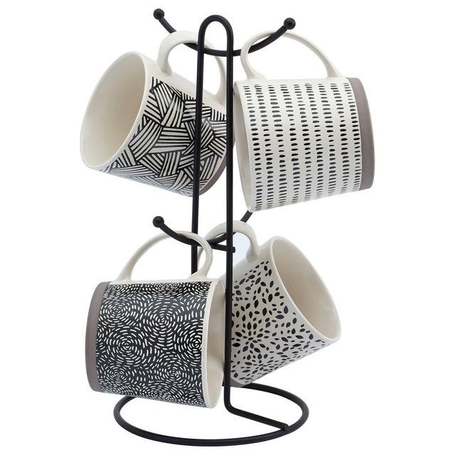5pc Stoneware Mugs and Wire Rack Set Black/White - Tabletops Gallery