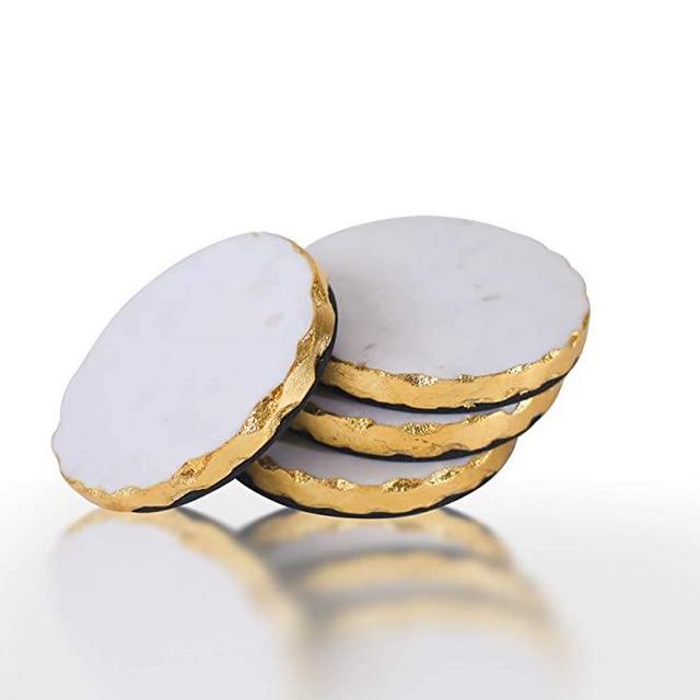 GMRS Home White Marble Handmade Coaster-Set of 4 (Round) with Gold Foiling