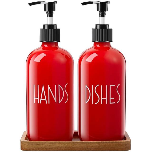 ALELION Dish Soap Dispenser for Kitchen - 16 OZ Glass Soap Dispenser with Pump - Hand Soap Dispenser Set with Acacia Wood Tray - Red Kitchen Bathroom Decor and Accessories