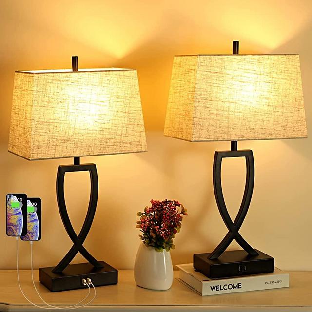 Table Lamps for Bedrooms Set of 2 Modern - 3-Way Dimmable Touch Lamps for Nightstand, Living Room Lamps Set of 2 with 2 USB Ports, Farmhouse Bedside Lamps for Hotel, LED Bulbs Included