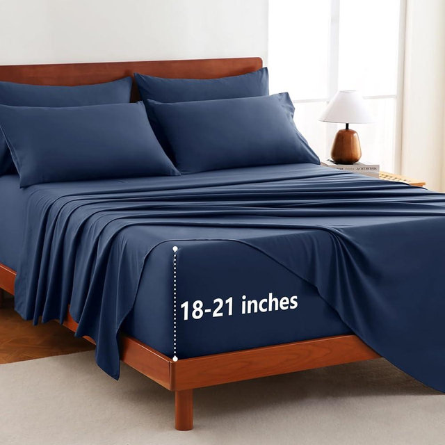 CozyLux Extra Deep Pocket Queen Sheet Set - 6 Piece Sheets Queen Size Bed Set - Fits Up to 21 inches Mattresses Queen Sheets，Breathable Queen Bed Sheets & Pillowcases - Easy & Secure Fit, Navy Blue