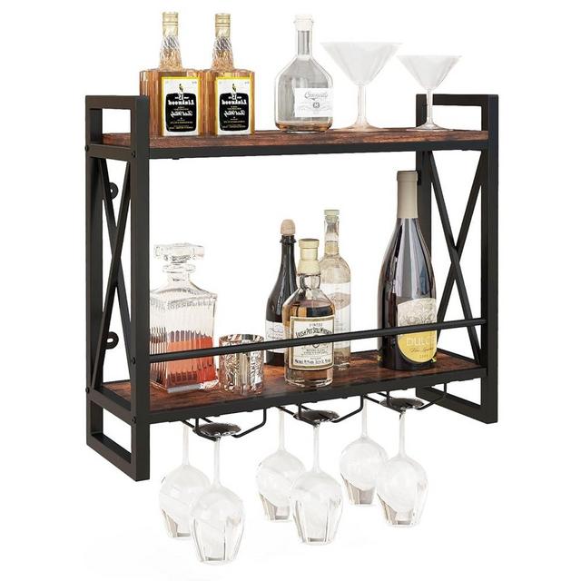 Giantex Industrial Wall Mounted Wine Rack, 2-Tier Metal Hanging Wine Bottle Glass Rack w/ 12-Bottle Holders, Heavy Duty Wall Wine Floating Shelves for Home Bar, Kitchen, Dining Room, Rustic Brown