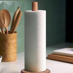 KitchLife Acacia Wooden Paper Towel Holder Countertop - Freestanding Paper Towel Dispenser Stand Organizer with Anti-Skid Base