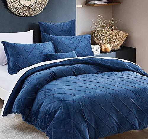 PHF Lightweight Crystal Velvet Duvet Cover Set with Corner Ties - King (106”x 92"), Navy Blue - Pinch Pleated Pintuck Bedding for Home Decor - Soft,Warm and Luxury Bedding