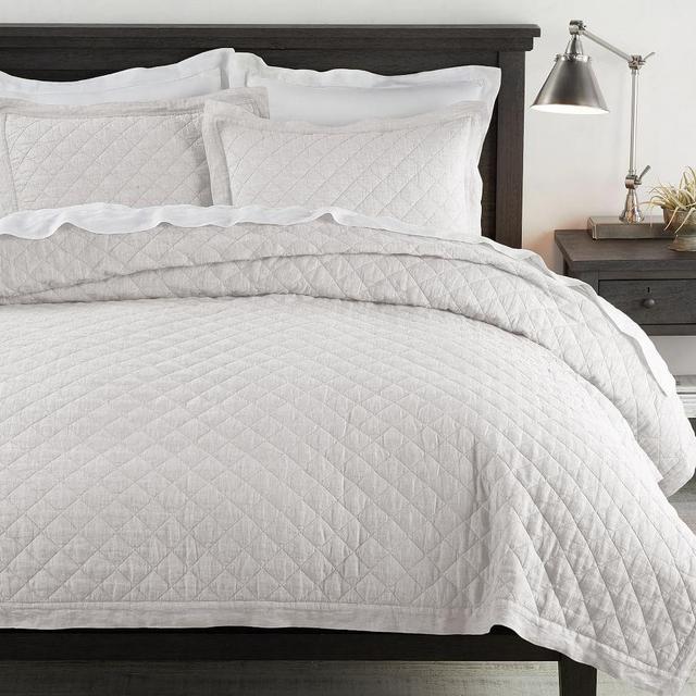 Soft Gray Belgian Flax Linen Diamond Quilt, Full/Queen