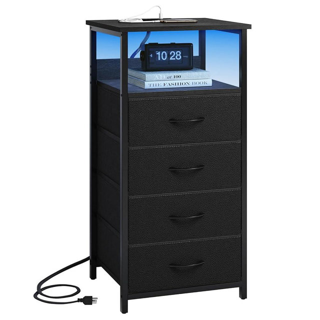 Fixwal Night Stand with Charging Station, Tall Nightstand with U-S-B Ports and Outlets, 4 Fabric Storage Drawers with PU Finish, Small Dresser Bed Side Table, Black