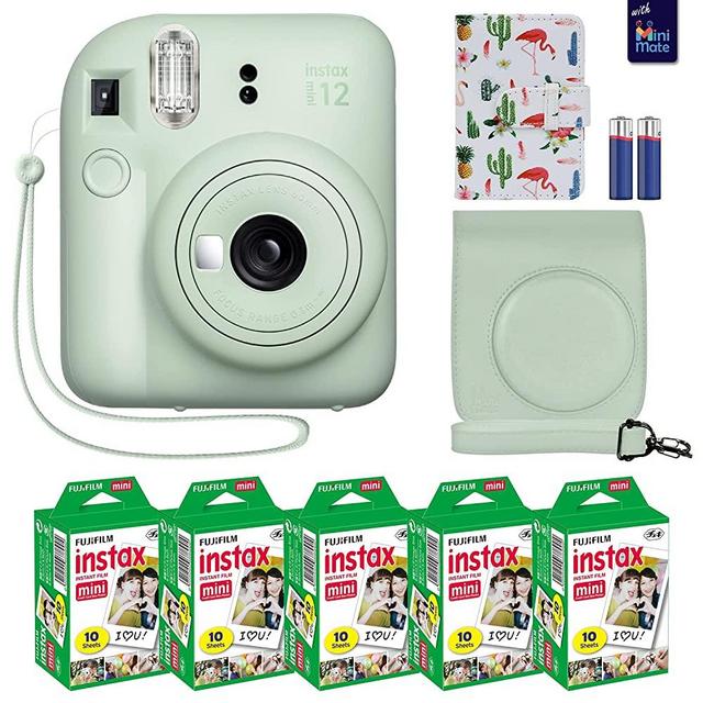 Fujifilm Instax Mini 12 Instant Camera Mint Green + MiniMate Accessory Bundle & Compatible Custom Case + Fuji Instax Film Value Pack (50 Sheets) Flamingo Designer Photo Album