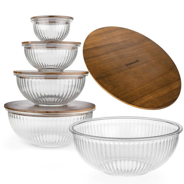 Dokaworld Stackable Space-Saving Set of 5 Nesting Glass Bowls with Acacia Lids for Foodprep, Storage, Mixing & Cooking - Microwave & Oven-ready BPA Free Durable Heat Resistant Inert Borosilicate Glass