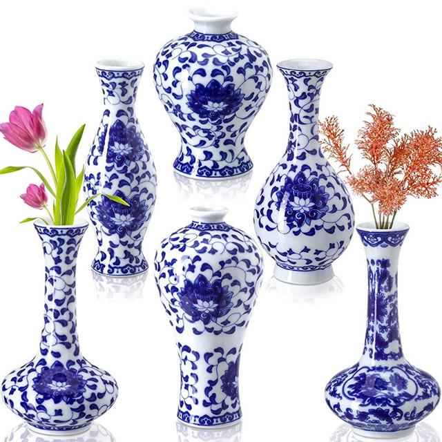 Set of 6 Small Blue and White Porcelain Vases Blue Chinoiserie Decor Ceramic Flower Vases Chinoiserie Porcelain Classic 8 Flower Dark Blue Decor for Christmas Home Table Centerpieces Bookshelf Decor