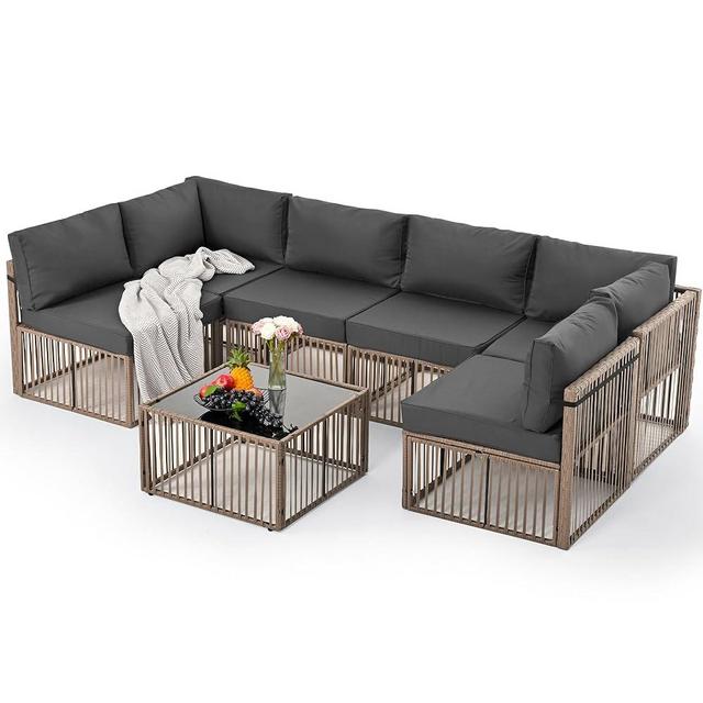 Pamapic 7 Pieces Outdoor Sectional Set, All-Weather PE Rattan Patio Conversation Set, Wicker Adjustable Patio Furniture Set with Washable Cushions Covers and Coffee Table, Brown Rattan, Gray Cushion