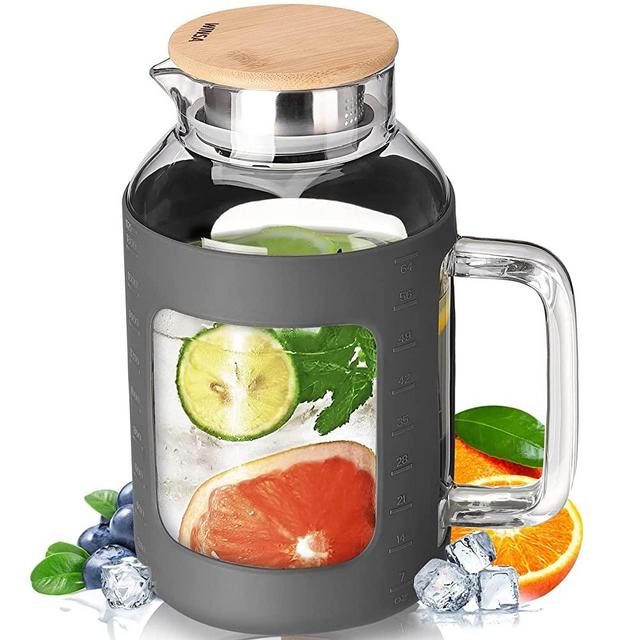 WINSA Glass Pitcher with Lid and Spout, 64oz Water Pitcher with Wide Handle, Silicone Sleeve & Bamboo Lid, Tea Pitcher for Fridge Water, Milk, Juice(Gray)