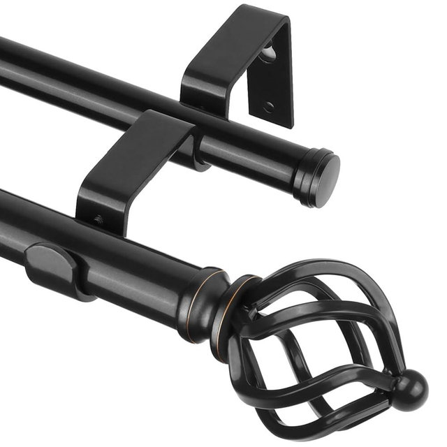 KAMANINA Double Curtain Rods 66 to 120 Inches (5.5-10 Feet), 7/8 Inch Telescoping Curtain Rod for Windows 54 to 115 Inches, Black Decorative Curtain Rods with Twisted Cage Finials