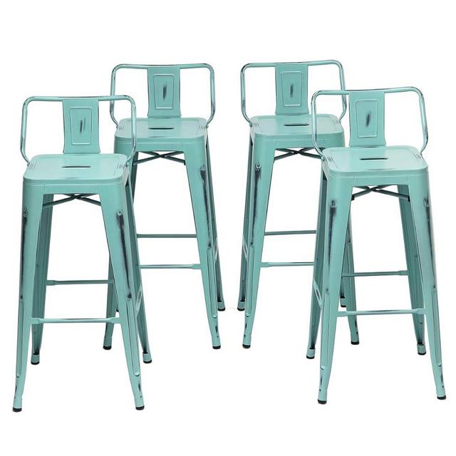 Changjie Furniture Metal Bar Stools Set of 4 Distressed Industrial Counter Bar Stool with Backs Bistro Cafe Barstools(30 inch, Distressed Blue-Green)