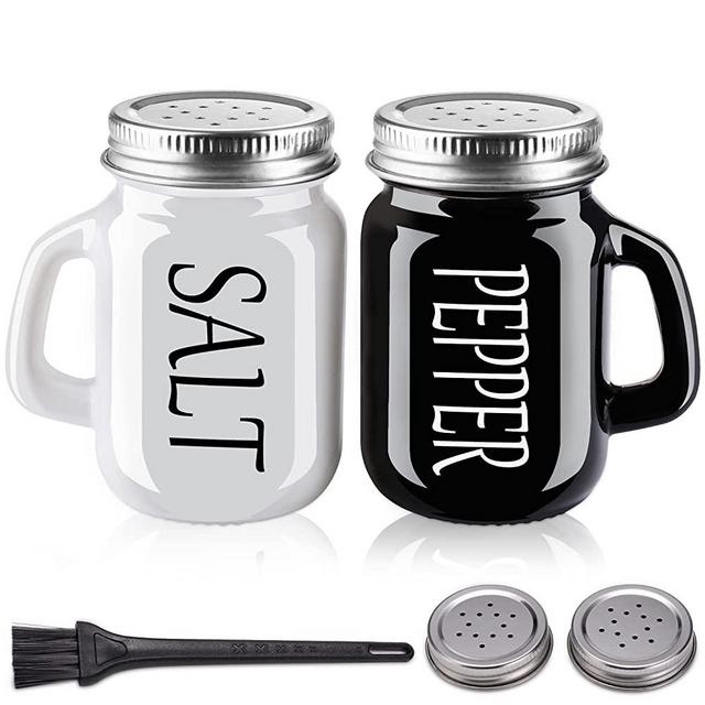 DWTS Farmhouse Salt and Pepper Shaker Set, Cute Salt and Pepper Shakers, Modern Farmhouse Kitchen Decor, Vintage Glass Black and White Shaker Set with Stainless Steel Lid,For Black and White Kitchen