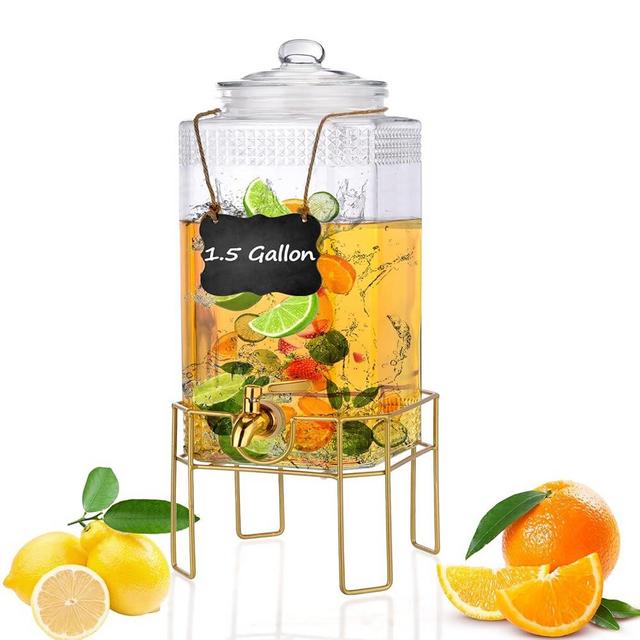 Drink Dispensers for Parties,1.5 Gallon Drink Dispenser,Beverage Dispenser with Stand,Glass Lid and Stainless Steel Spigot Leak-proof, Ideal for Lemonade,Juice, Tea, and Party Drinks