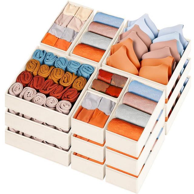 15 Pack Drawer Organizers for Clothing, Dresser Drawer Dividers Collapsible Fabric Closet Organizers and Storage Bins for Baby Clothes Underwear Sock Bra - Christmas Ornament Storage Boxes (Beige)