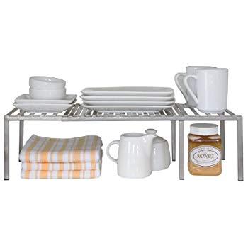 Seville Classics Iron Slat Expandable Kitchen Counter and Cabinet Shelf, Platinum