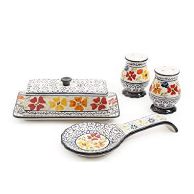 Gibson Elite 92997.04R Luxembourg Handpainted Butter Dish, Spoonrest, Salt And Pepper Accessories Set, Blue and Cream with Floral Designs