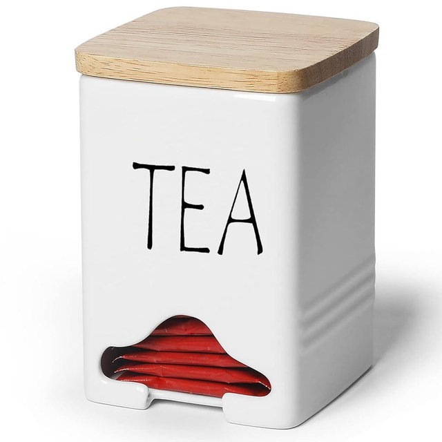 QUXIJA Ceramic Farmhouse Tea Bag Storage Organizer Caddy Holder with Lid (White)
