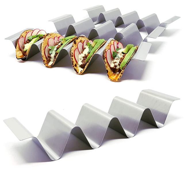 SimpleStainless Premium Taco Holder Stands - Set of 4 - with Handles and Round Groove Design - Crafted from 18/8 Stainless Steel - Holds 4 Tacos or Tortillas Each - For Restaurant & Home Kitchens