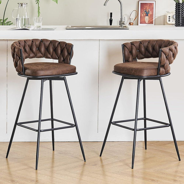 MoomJiee 26inch Bar Stools Set of 2,360° Swivel Counter Height Bar Stools, Suede Fabric Modern Stool Chairs with Woven Back and Footrest for Kitchen Island, Cafe, Pub, Bar Counter,Brown