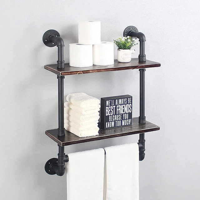 Industrial Pipe Shelf Bathroom Shelves Wall Mounted,19.6in Rustic Wood Shelf with Towel Bar,2 Tier Farmhouse Towel Rack Over Toilet,Pipe Shelving Floating Shelves Towel Holder,Retro Black