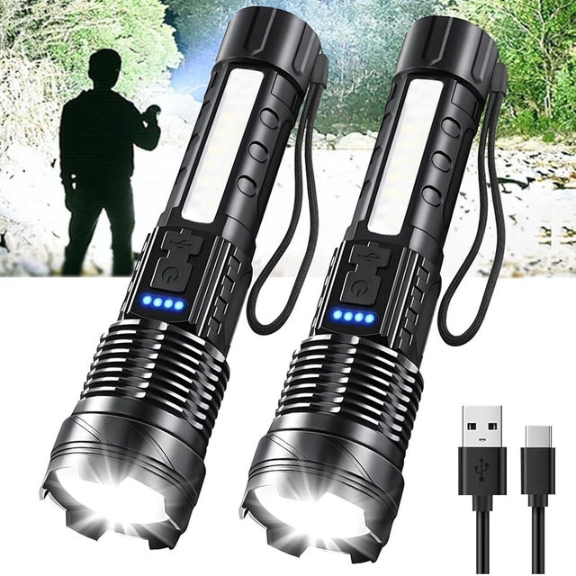 Rechargeable LED Flashlights, 990,000 Lumens Super Bright Handheld Flashlight, 7 Modes with COB Work Light, IPX6 Waterproof, Adjustable Tactical Flash Light for Home,Camping and Emergencies-2 Pack