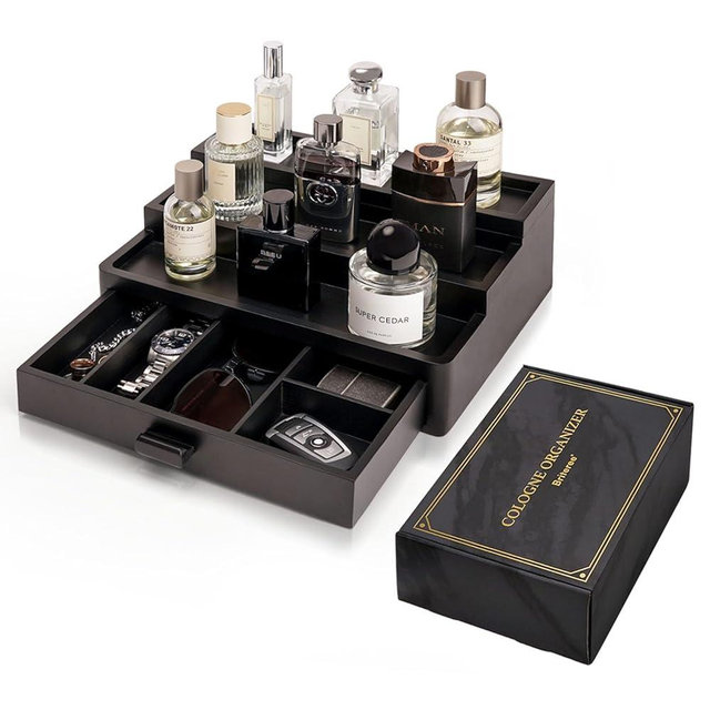 BRITEREE Cologne Organizer for Men, 3 Tier Wooden Cologne Stand with Drawer Storage and Hidden Compartment, Perfume Display Holder for Dresser, Great Gifts for Men and Women Christmas, Black