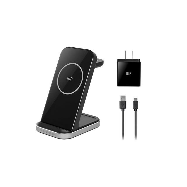 Monoprice 3‑in‑1 Wireless Charging Station for iPhone, Apple Watch, AirPods, Bundled with 3.0 Wall Charger, Fast Charging, Detachable Watch Charger