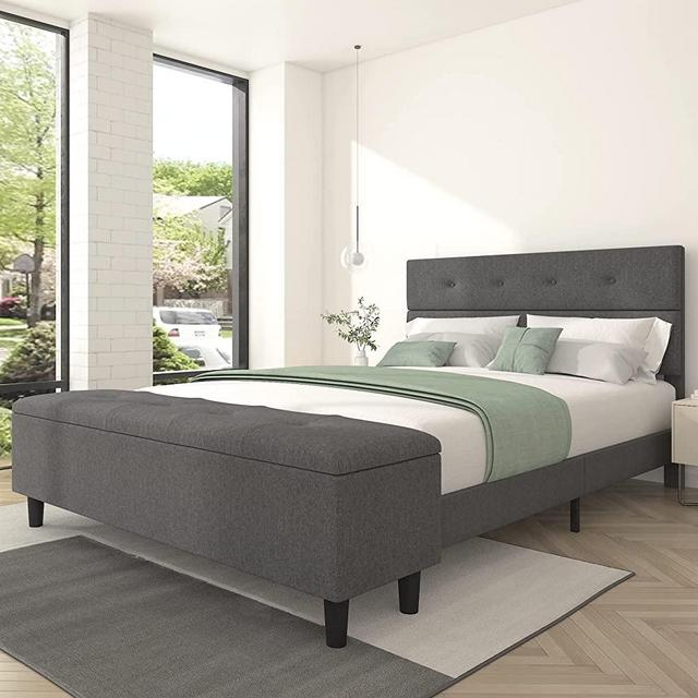 Ikalido Fabric Upholstered Queen Size Bed Frame with Button-Tufted Headboard&Footboard, Camas Queen Bed with 120L Large Storage Compartments, Dark Grey
