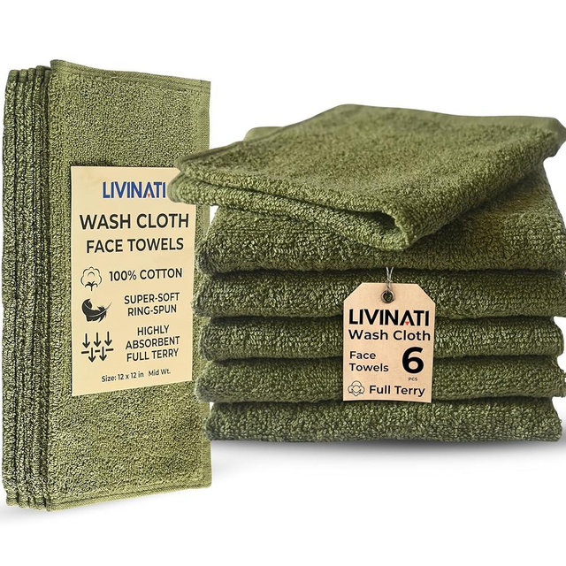 LIVINATI Sage Green 100% Cotton Wash Cloths for Showering Body and Face - 12"X12" 6 Pack Washcloths - Small Terry Towel Bath Rags for Adults and Kids Bathroom - Soft Absorbent