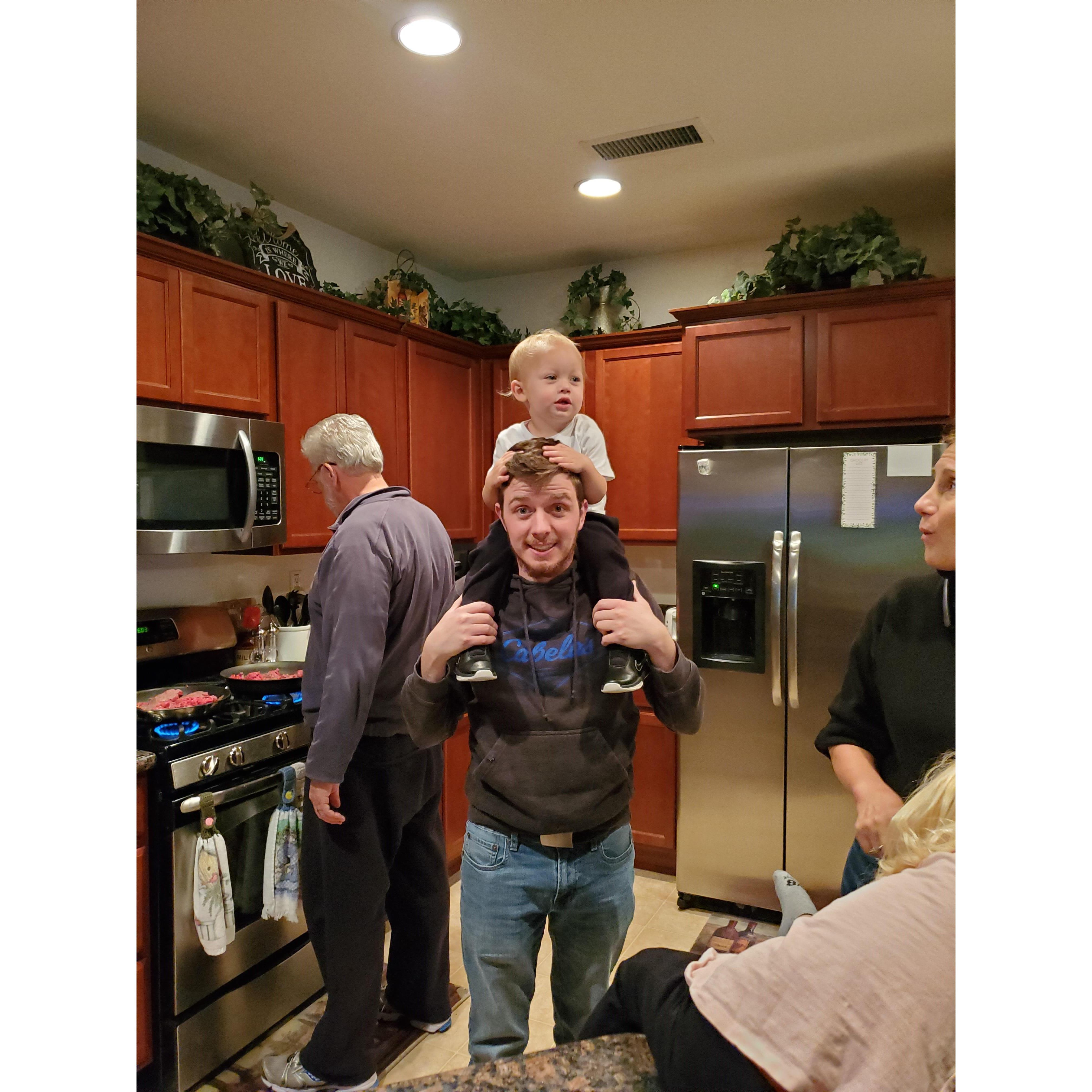 Layton on Patrick's shoulders at Mom's house