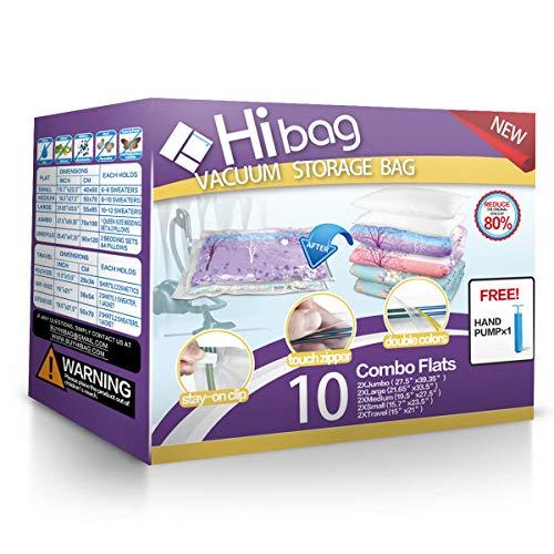 Hibag Space Saver Bags, Vacuum Storage Bags, 10-Pack Vacuum Seal Bags (2 Jumbo, 2 Large, 2 Medium, 2 Small, 2 Roll-up) with Pump (10-Combo)