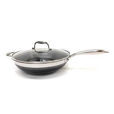 HexClad 12 Inch Wok, Hybrid Stainless/Nonstick Inside and Outside Cookware, Commercial Bundle With Lid