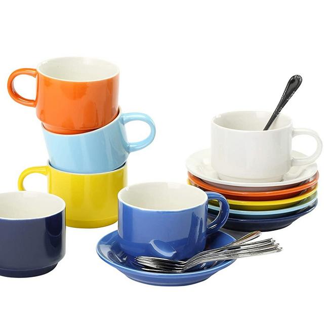 JULKYA 4 OZ STACKABLE MULTICOLORED PORCELAIN ESPRESSO CUPS & SAUCERS – SET OF 6 WITH SPOONS +BONUS STAND, LIGHTWEIGHT DRINKING MUGS FOR LATTE, CAFE DOPPIO, LUNGO, MACHIATO, TEA, COFFEE DEMITASSE