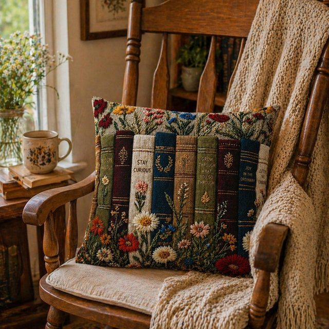 Vintage Book Floral Pillow Cover, Cottagecore Throw Pillow, Literary Decor Cushion, Botanical Book Lover Gift, Rustic Farmhouse Pillow