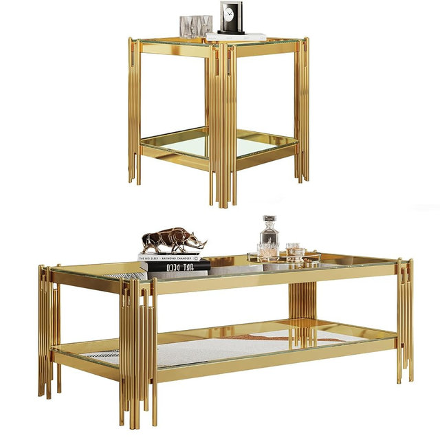 SSLine 2-Piece Living Room Table Set, Modern Clear Glass Coffee Table with 1 End Table, Luxury Rectangle 2-Tier Storage Coffee Table Set with Gold Stainless Steel Frame for Living Room