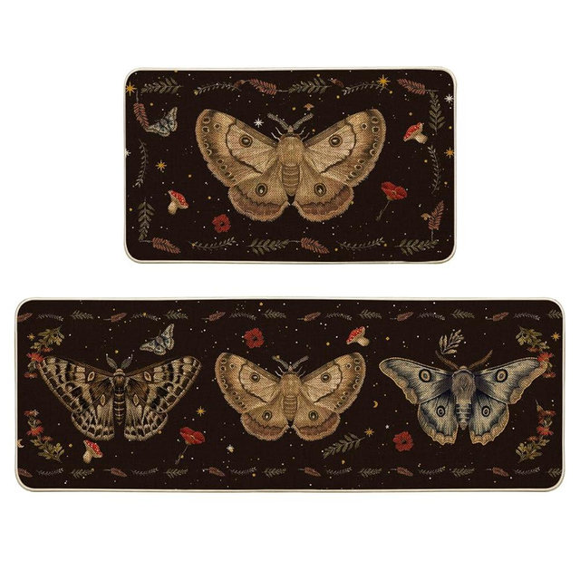Artoid Mode Poppy Moth Mushroom Moon Spring Kitchen Mats Set of 2, Summer Home Decor Low-Profile Kitchen Rugs for Floor - 17x29 and 17x47 Inch